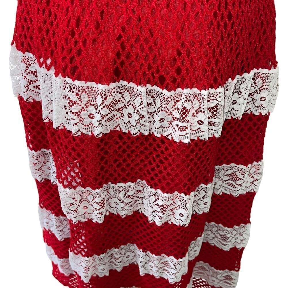 Vintage Womens Crochet Lace Skirt Size Large Fully Lined Red White Midi Button - Picture 3 of 13